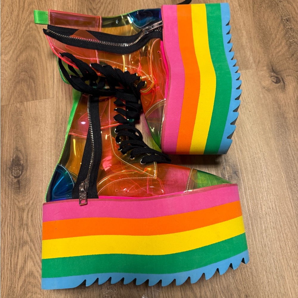Dolls Kill Rainbow Striped Clear Platform Lace-Up Boots with Black Laces